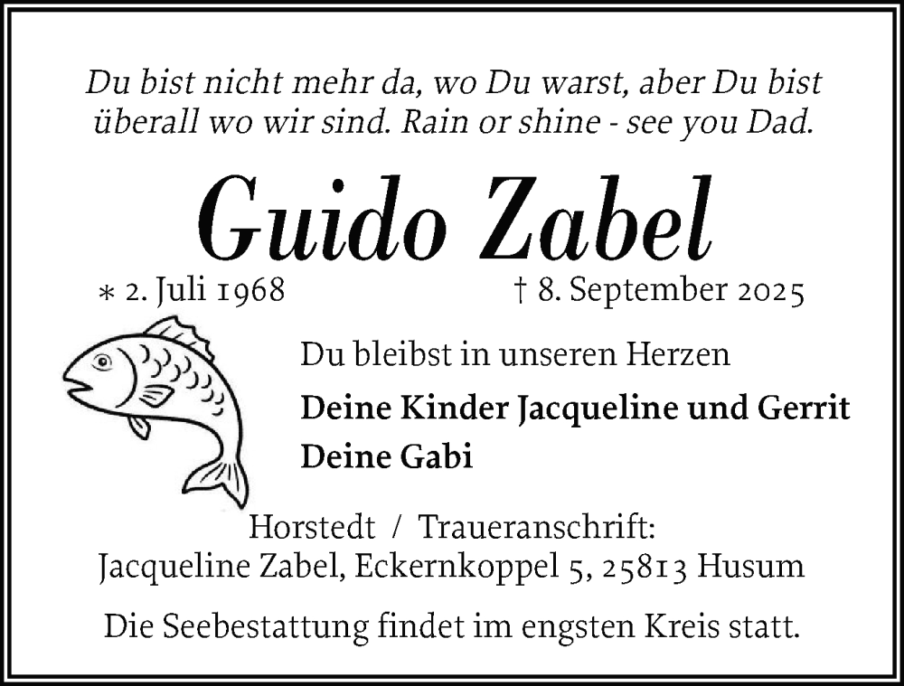  Traueranzeige für Guido Zabel vom 17.09.2025 aus Husumer Nachrichten, Nordfriesland Tageblatt