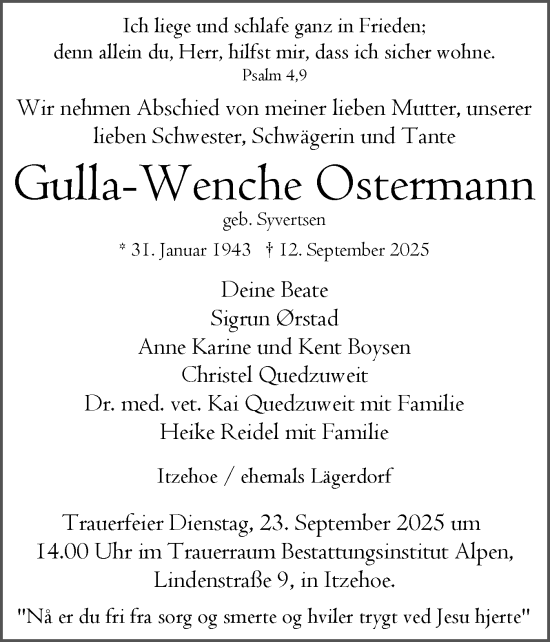 Traueranzeige von Gulla-Wenche Ostermann von Norddeutsche Rundschau, Wilstersche Zeitung, Glückstädter Fortuna