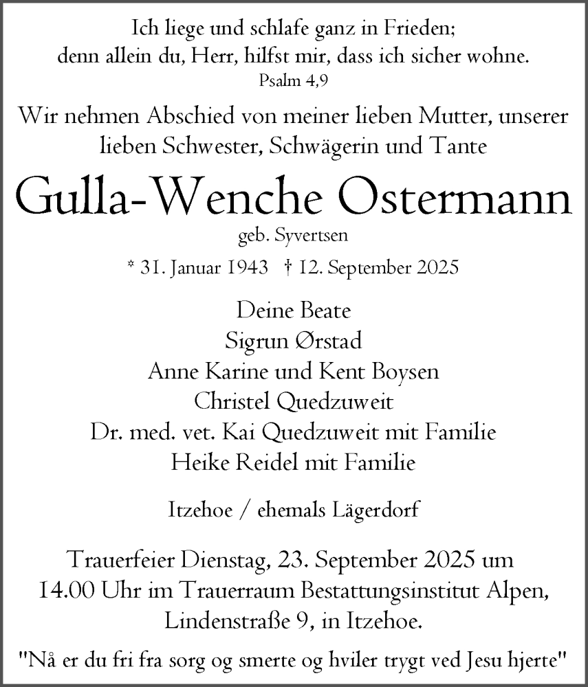  Traueranzeige für Gulla-Wenche Ostermann vom 20.09.2025 aus Norddeutsche Rundschau, Wilstersche Zeitung, Glückstädter Fortuna