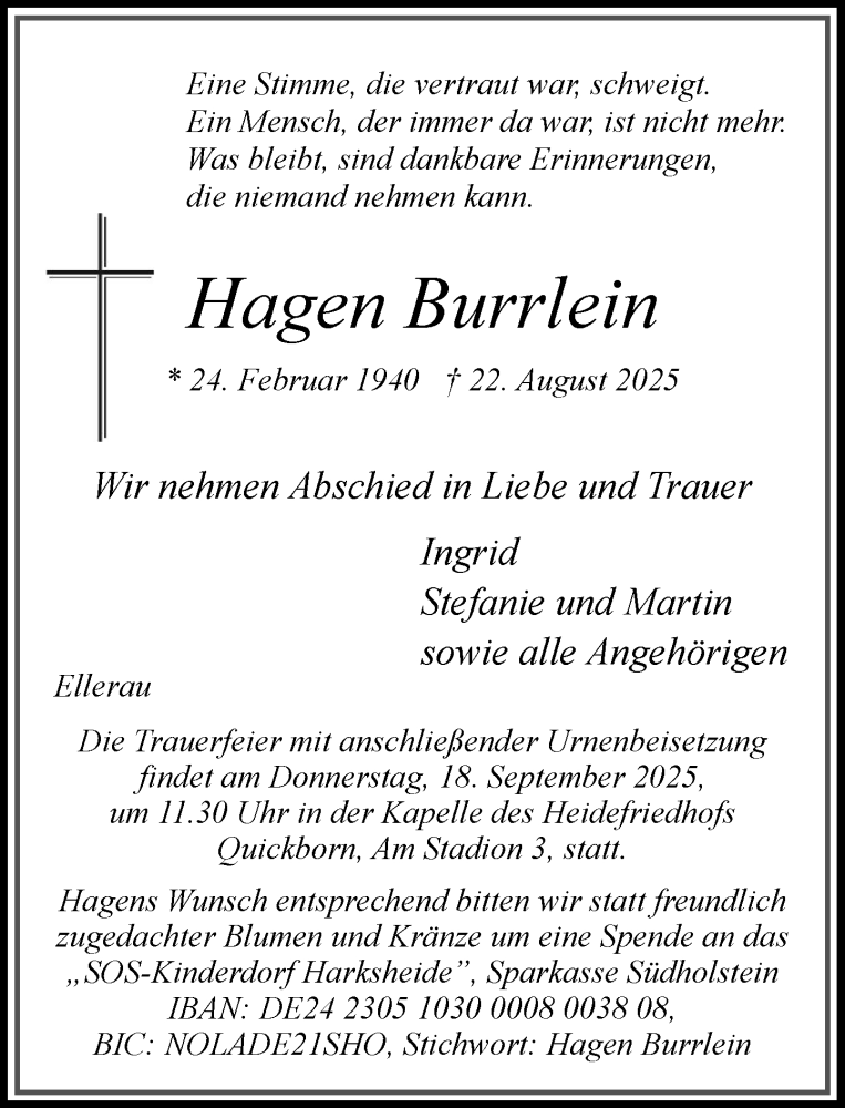  Traueranzeige für Hagen Burrlein vom 06.09.2025 aus Umschau