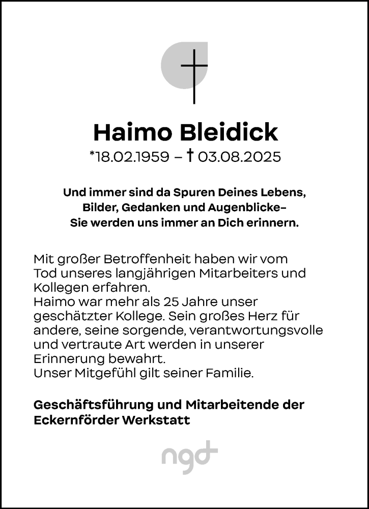  Traueranzeige für Haimo Bleidick vom 06.09.2025 aus Eckernförder Zeitung, Hallo Eckernförde