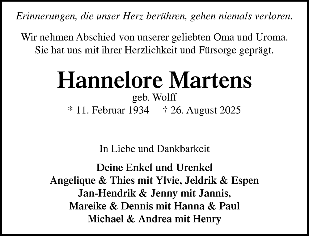  Traueranzeige für Hannelore Martens vom 06.09.2025 aus MARKT Bad Oldesloe/Reinfeld, MARKT Ahrensburg/Bargteheide/Trittau und Stormarner Tageblatt