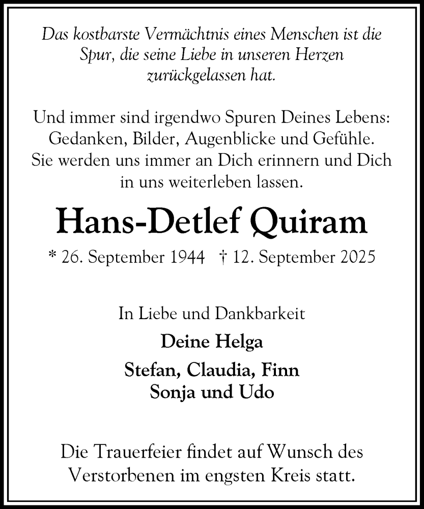  Traueranzeige für Hans-Detlef Quiram vom 27.09.2025 aus Heimatspiegel