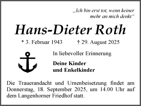Traueranzeige von Hans-Dieter Roth von Husumer Nachrichten, Nordfriesland Tageblatt