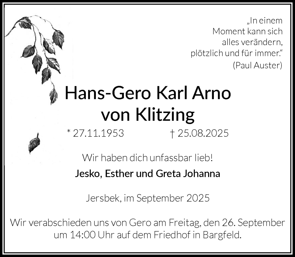  Traueranzeige für Hans-Gero Karl Arno von Klitzing vom 13.09.2025 aus MARKT Ahrensburg/Bargteheide/Trittau und Stormarner Tageblatt