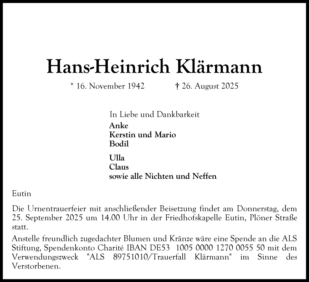  Traueranzeige für Hans-Heinrich Klärmann vom 06.09.2025 aus Ostholsteiner Anzeiger