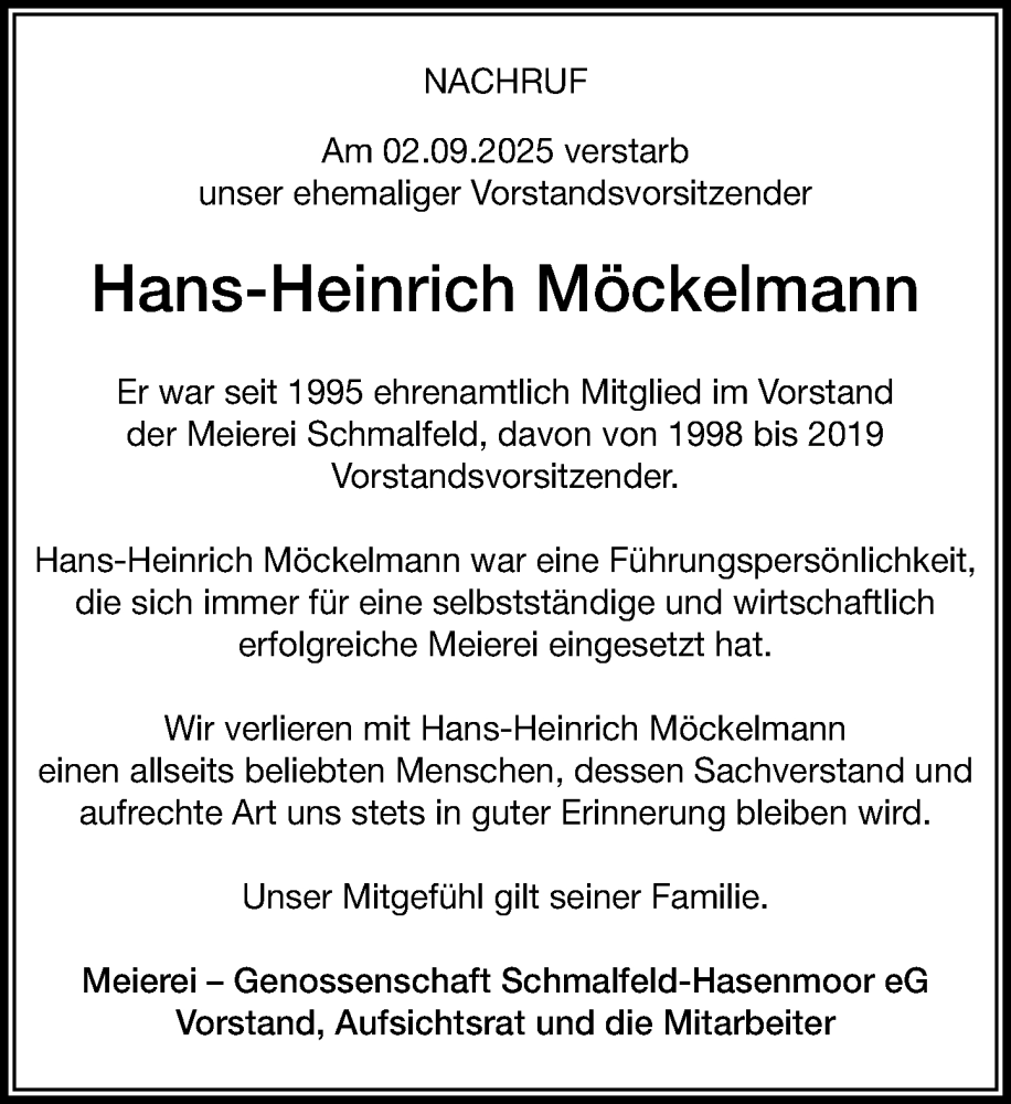  Traueranzeige für Hans-Heinrich Möckelmann vom 20.09.2025 aus Umschau