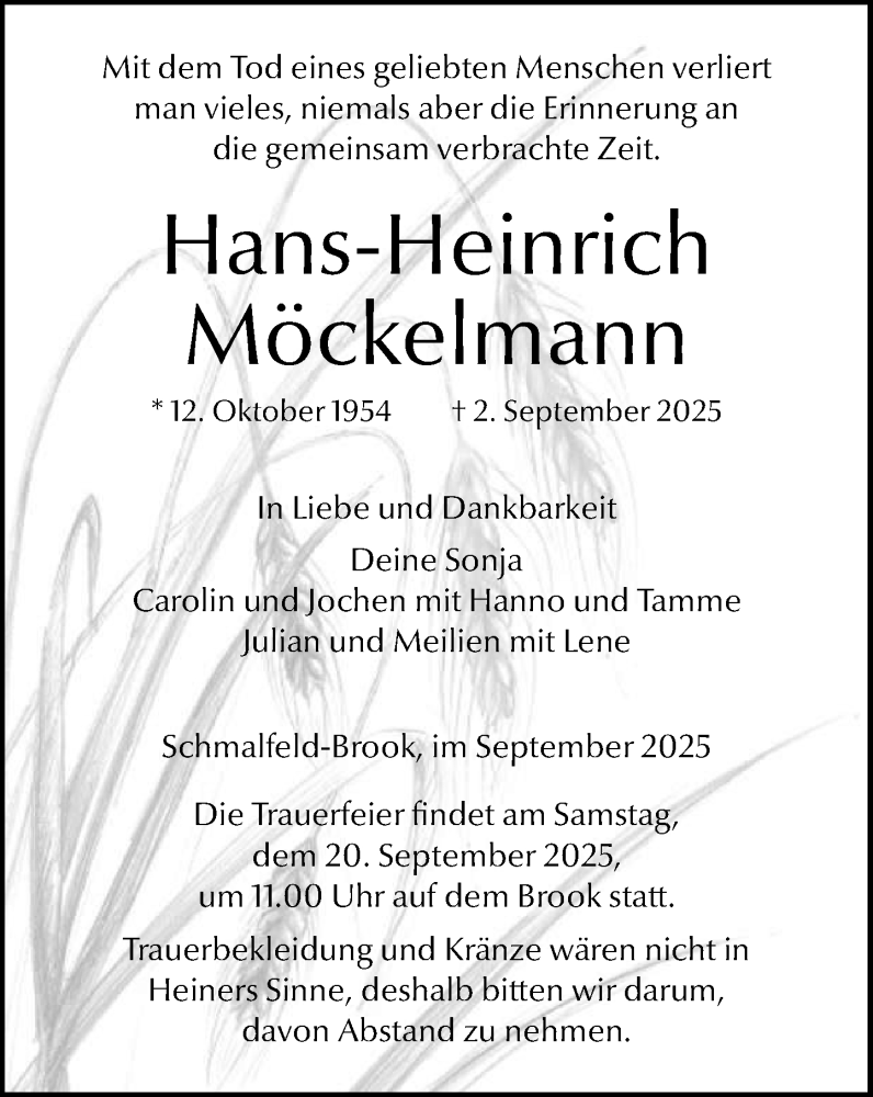  Traueranzeige für Hans-Heinrich Möckelmann vom 13.09.2025 aus Umschau