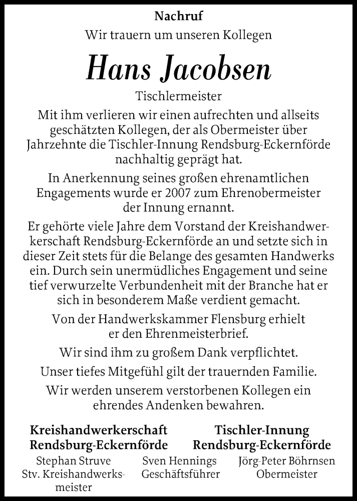  Traueranzeige für Hans Jacobsen vom 17.09.2025 aus Eckernförder Zeitung