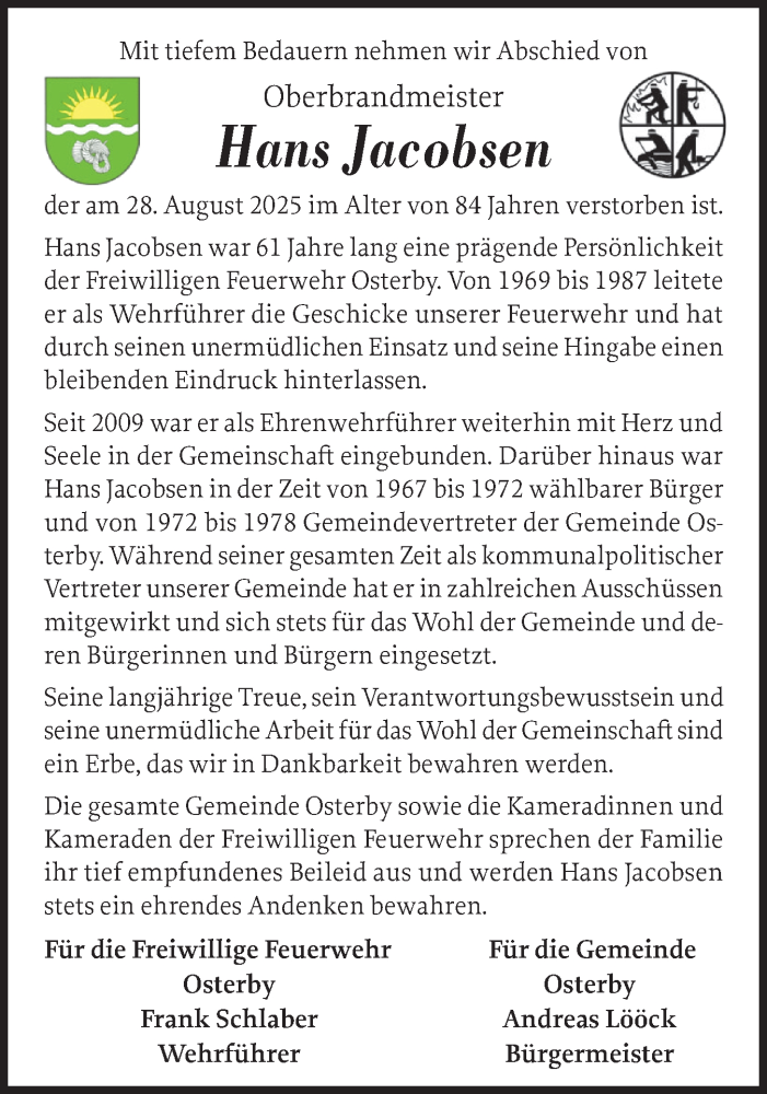  Traueranzeige für Hans Jacobsen vom 20.09.2025 aus Eckernförder Zeitung, Hallo Eckernförde