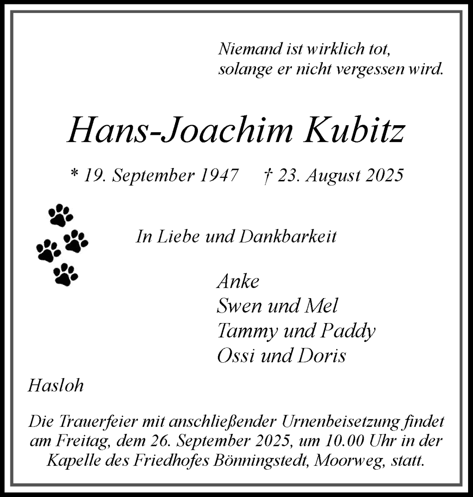  Traueranzeige für Hans-Joachim Kubitz vom 22.09.2025 aus Region Pinneberg und tip Pinneberg