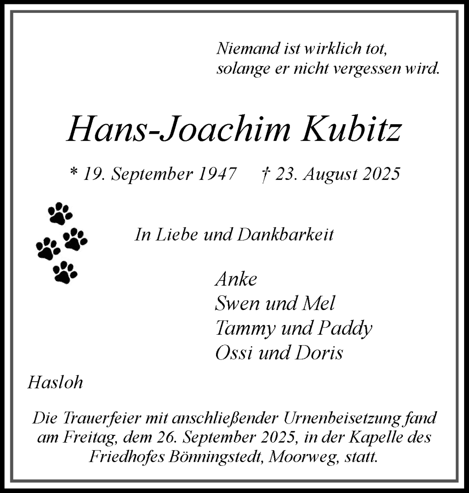  Traueranzeige für Hans-Joachim Kubitz vom 27.09.2025 aus tip Gesamtausgabe