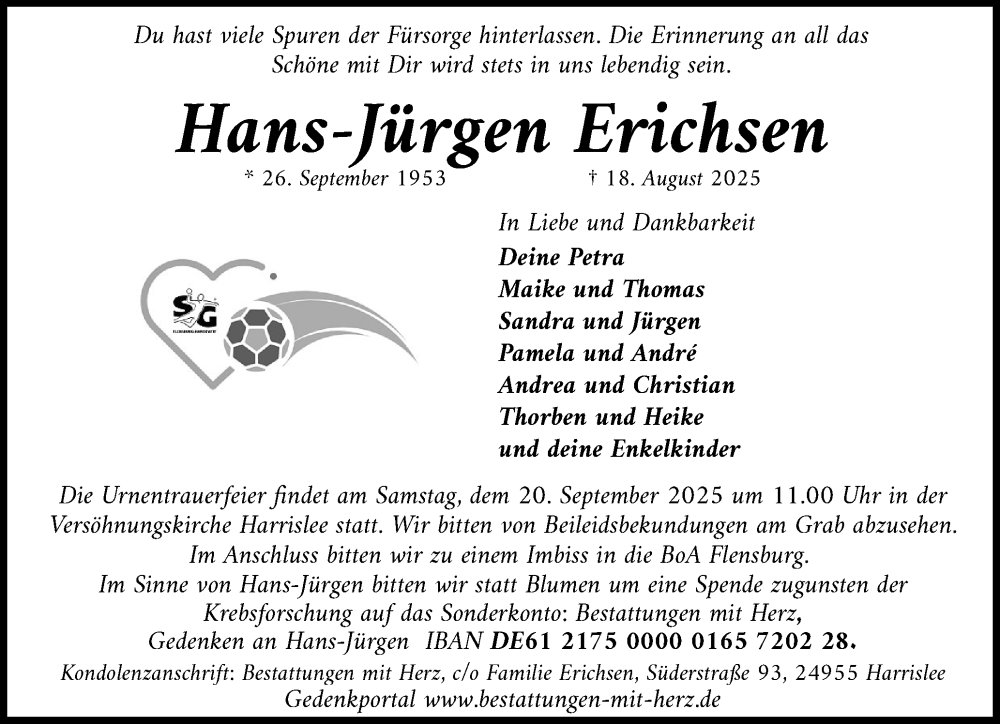  Traueranzeige für Hans-Jürgen Erichsen vom 13.09.2025 aus Flensburger Tageblatt