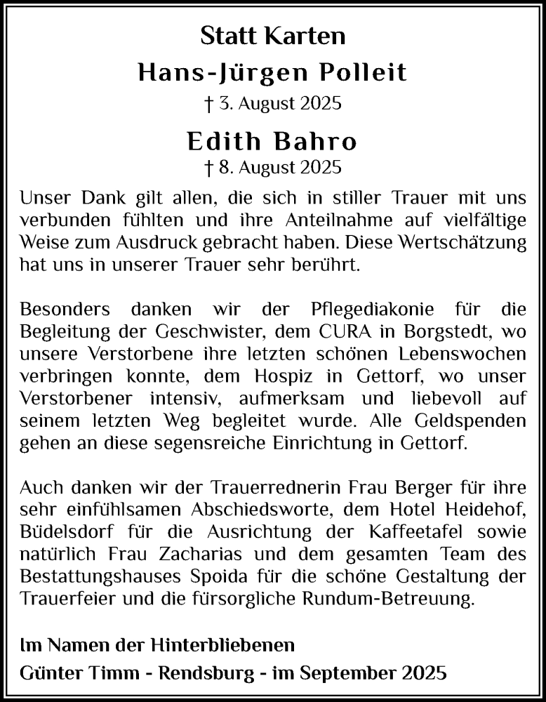  Traueranzeige für Hans-Jürgen Polleit vom 06.09.2025 aus Schleswig-Holsteinische Landeszeitung