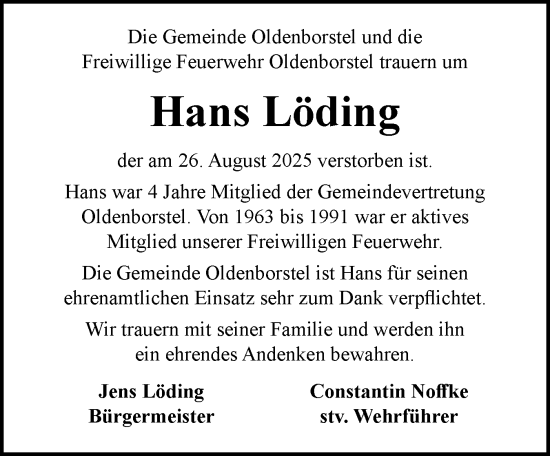 Traueranzeige von Hans Löding von Norddeutsche Rundschau, Wilstersche Zeitung, Glückstädter Fortuna