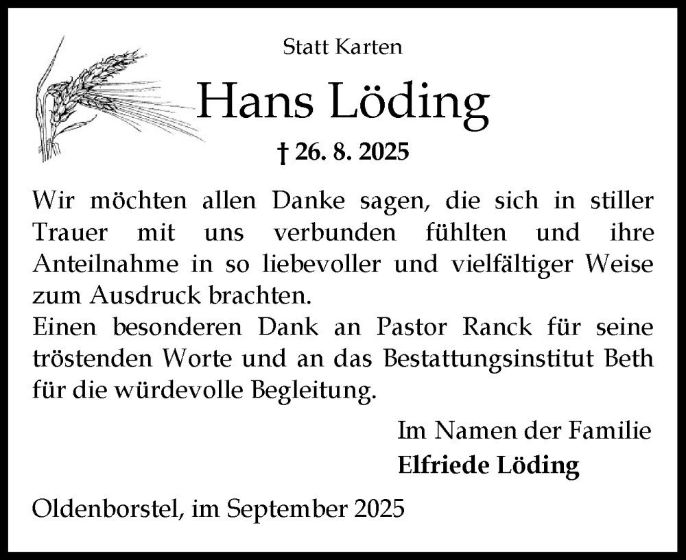  Traueranzeige für Hans Löding vom 27.09.2025 aus Norddeutsche Rundschau, Wilstersche Zeitung, Glückstädter Fortuna