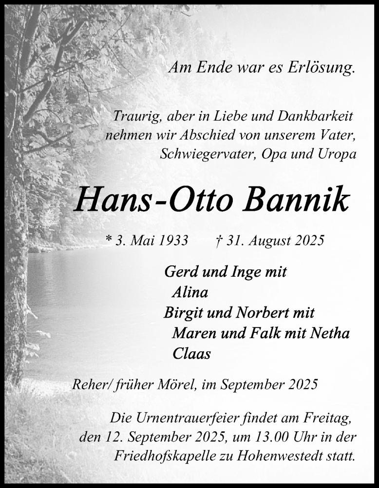  Traueranzeige für Hans-Otto Bannik vom 06.09.2025 aus Schleswig-Holsteinische Landeszeitung