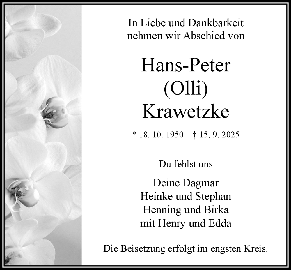  Traueranzeige für Hans-Peter Krawetzke vom 27.09.2025 aus MARKT Bad Oldesloe/Reinfeld und Stormarner Tageblatt