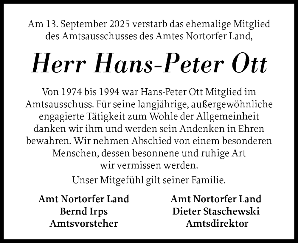  Traueranzeige für Hans-Peter Ott vom 24.09.2025 aus Schleswig-Holsteinische Landeszeitung