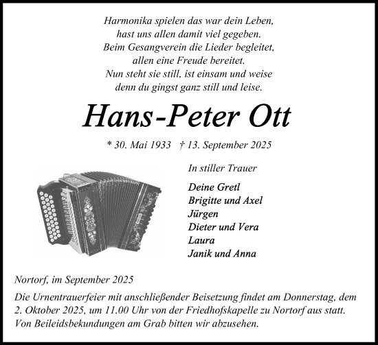Traueranzeige von Hans-Peter Ott von Schleswig-Holsteinische Landeszeitung