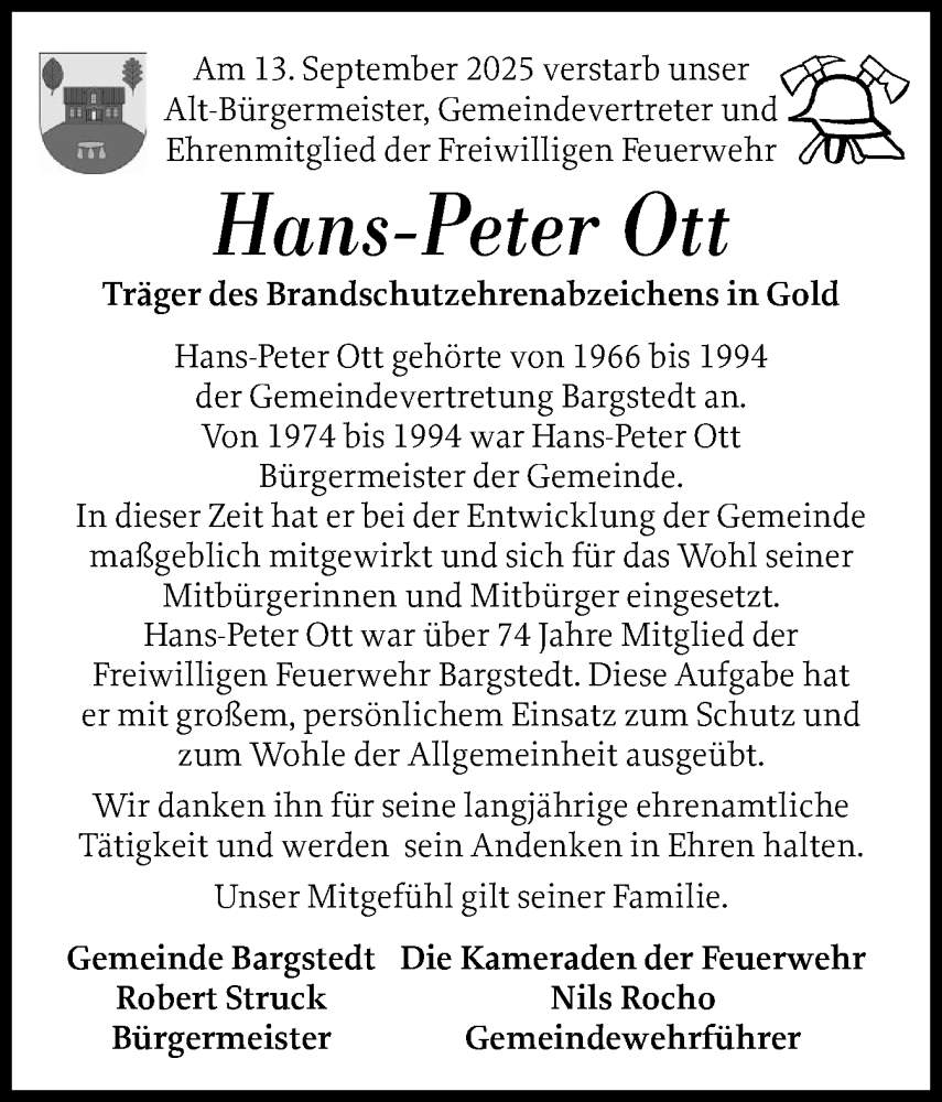  Traueranzeige für Hans-Peter Ott vom 24.09.2025 aus Schleswig-Holsteinische Landeszeitung