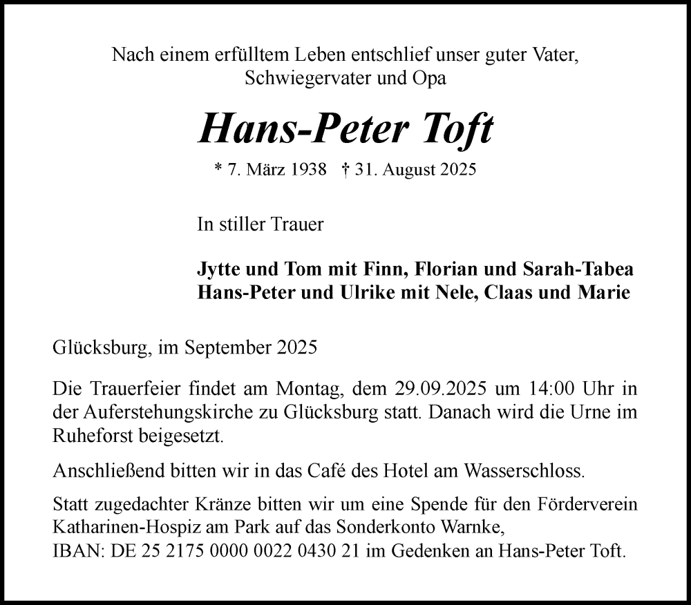  Traueranzeige für Hans-Peter Toft vom 20.09.2025 aus Flensburger Tageblatt