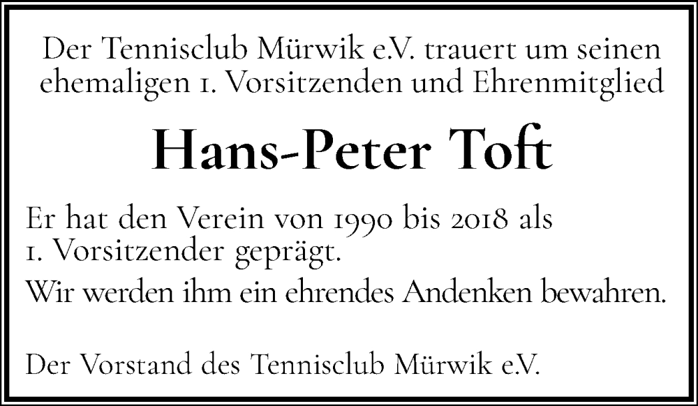  Traueranzeige für Hans-Peter Toft vom 27.09.2025 aus Flensburger Tageblatt