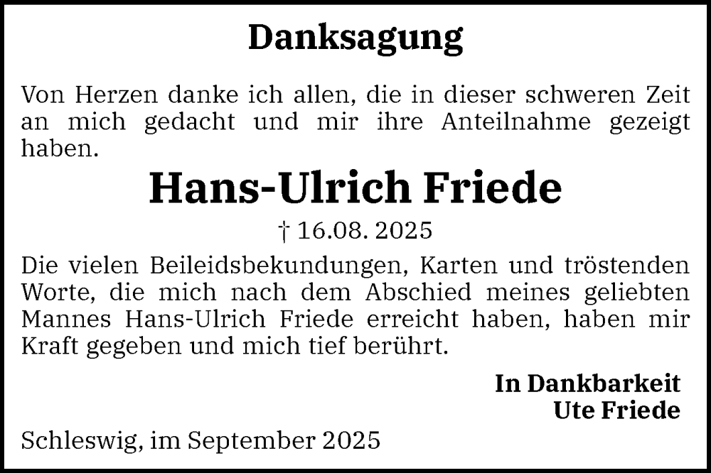  Traueranzeige für Hans-Ulrich Friede vom 18.09.2025 aus Schleswiger Nachrichten, Schlei-Bote
