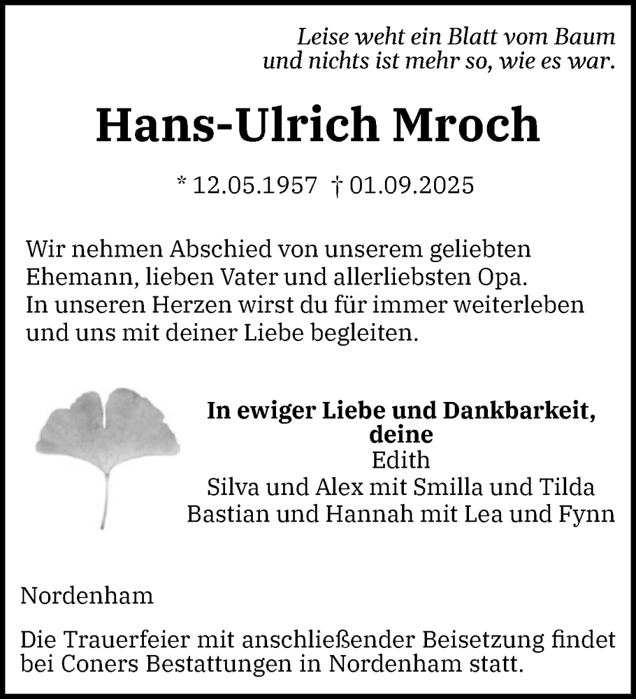  Traueranzeige für Hans-Ulrich Mroch vom 13.09.2025 aus Wedel-Schulauer Tageblatt, tip Wedel-Schulauer Tageblatt, tip Rissener Rundschau