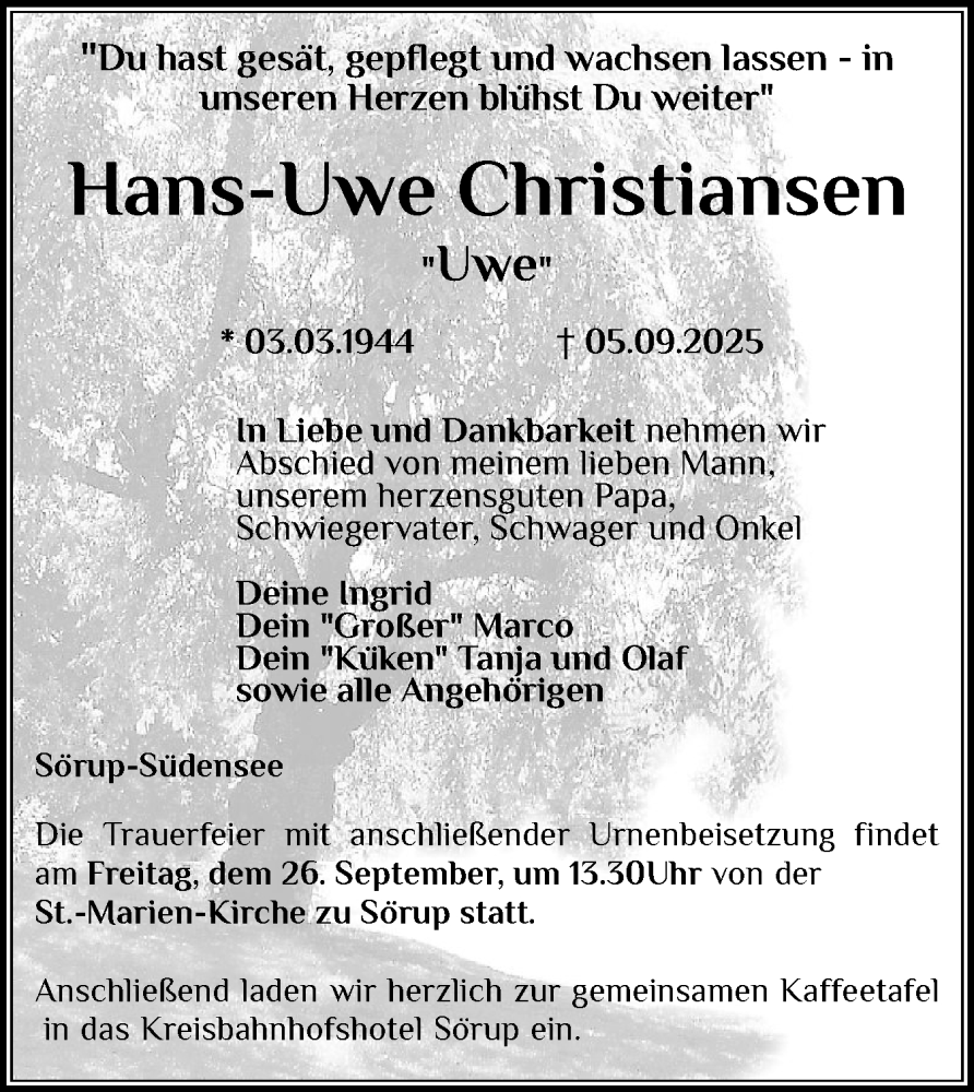  Traueranzeige für Hans-Uwe Christiansen vom 20.09.2025 aus Flensburger Tageblatt