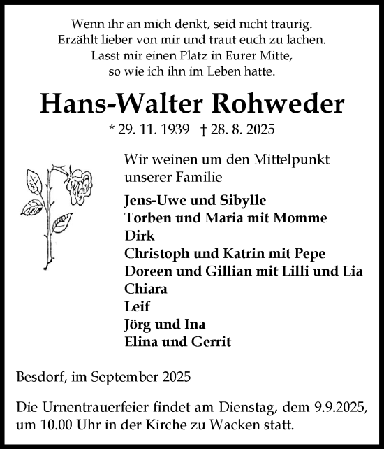 Traueranzeige von Hans-Walter Rohweder von Norddeutsche Rundschau, Wilstersche Zeitung, Glückstädter Fortuna