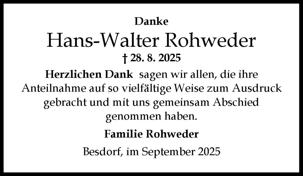  Traueranzeige für Hans-Walter Rohweder vom 27.09.2025 aus Norddeutsche Rundschau, Wilstersche Zeitung, Glückstädter Fortuna