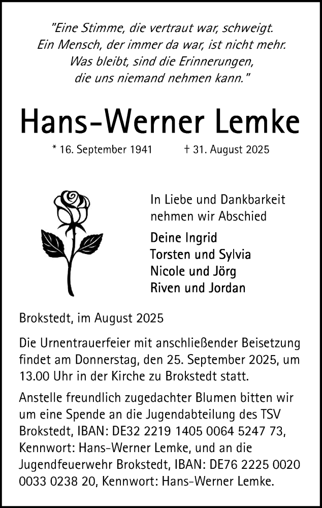  Traueranzeige für Hans-Werner Lemke vom 13.09.2025 aus Norddeutsche Rundschau, Wilstersche Zeitung, Glückstädter Fortuna