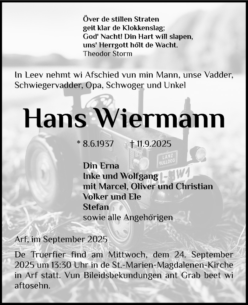  Traueranzeige für Hans Wiermann vom 19.09.2025 aus Schleswig-Holsteinische Landeszeitung