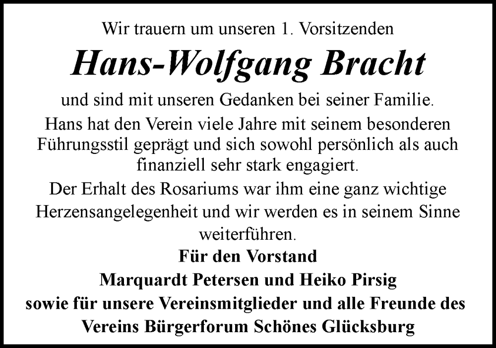  Traueranzeige für Hans-Wolfgang Bracht vom 10.09.2025 aus Flensburger Tageblatt