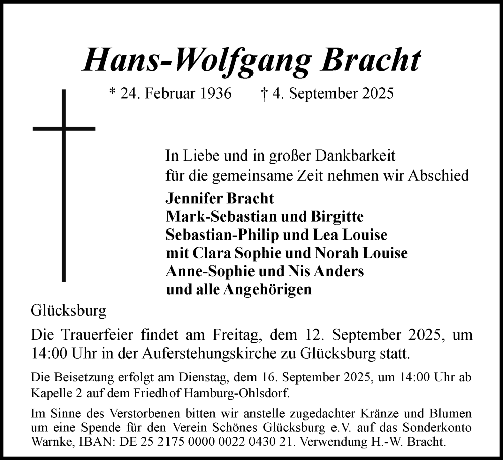  Traueranzeige für Hans-Wolfgang Bracht vom 10.09.2025 aus Flensburger Tageblatt