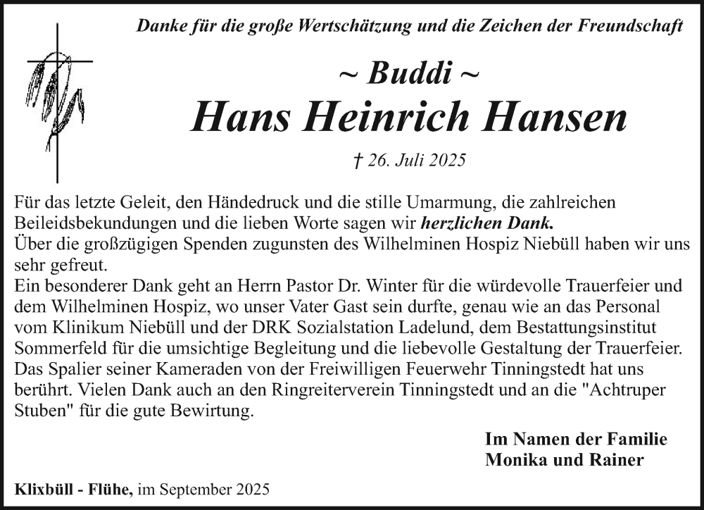  Traueranzeige für Hans Heinrich Hansen vom 03.09.2025 aus Husumer Nachrichten, Nordfriesland Tageblatt