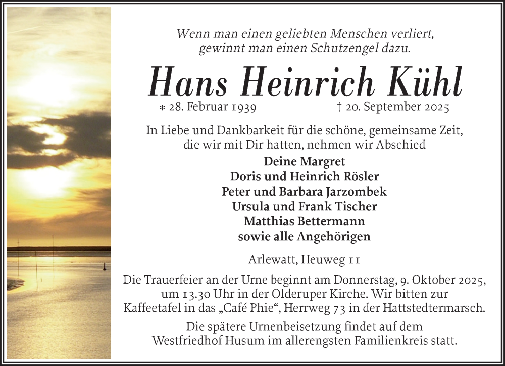  Traueranzeige für Hans Heinrich Kühl vom 27.09.2025 aus Husumer Nachrichten, Nordfriesland Tageblatt