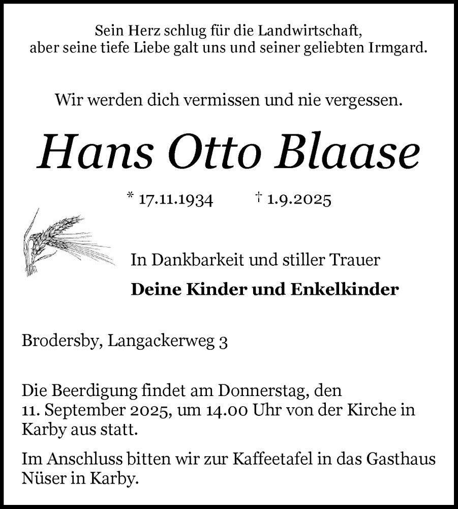  Traueranzeige für Hans Otto Blaase vom 06.09.2025 aus Schleswiger Nachrichten, Schlei-Bote, Eckernförder Zeitung