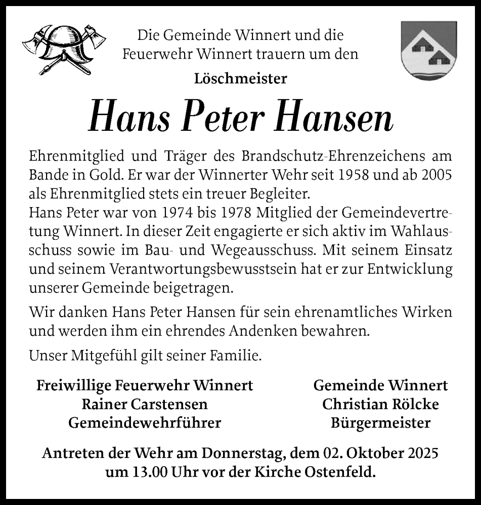  Traueranzeige für Hans Peter Hansen vom 26.09.2025 aus Husumer Nachrichten, Nordfriesland Tageblatt