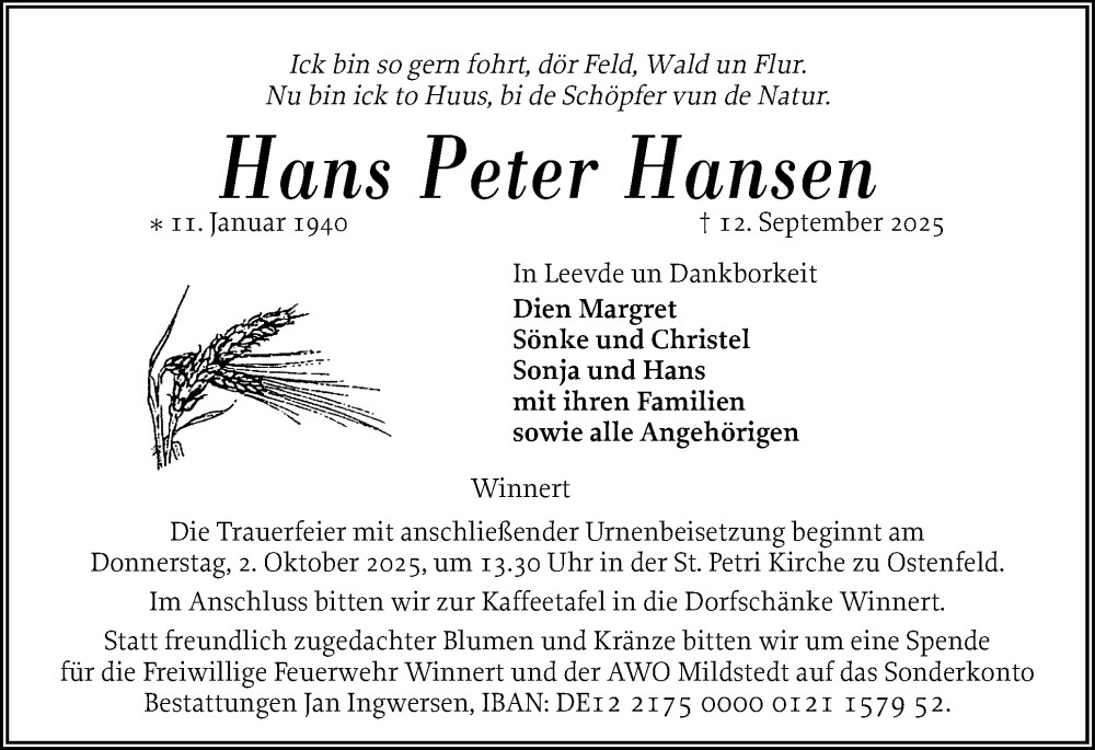  Traueranzeige für Hans Peter Hansen vom 19.09.2025 aus Husumer Nachrichten, Nordfriesland Tageblatt