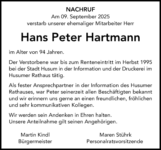 Traueranzeige von Hans Peter Hartmann von Die WochenSchau Nordfriesland