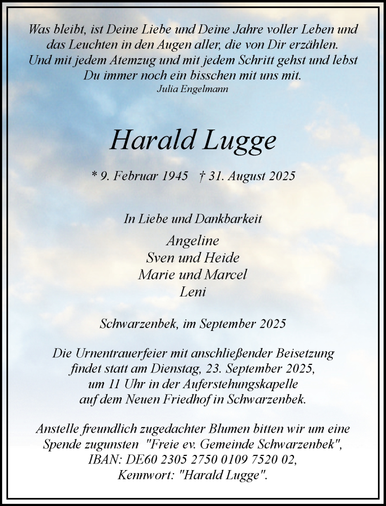  Traueranzeige für Harald Lugge vom 06.09.2025 aus Wochenend Anzeiger