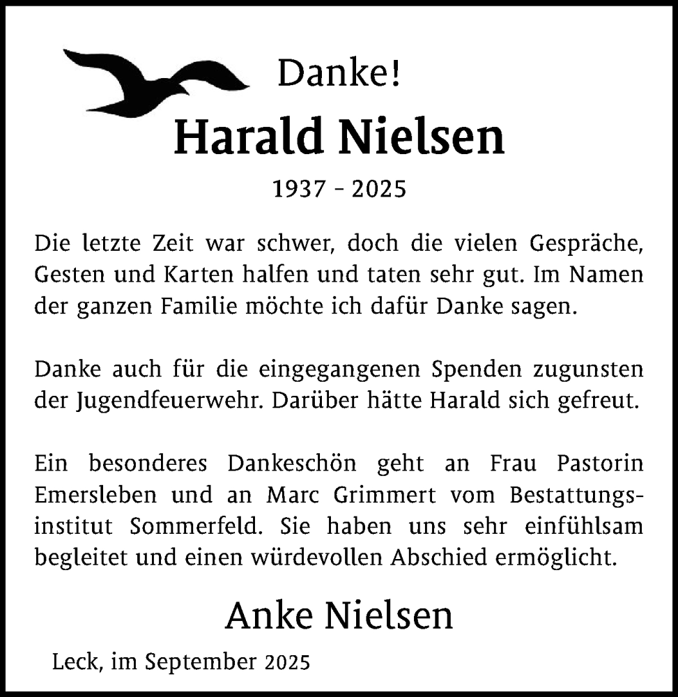  Traueranzeige für Harald Nielsen vom 27.09.2025 aus Husumer Nachrichten, Nordfriesland Tageblatt