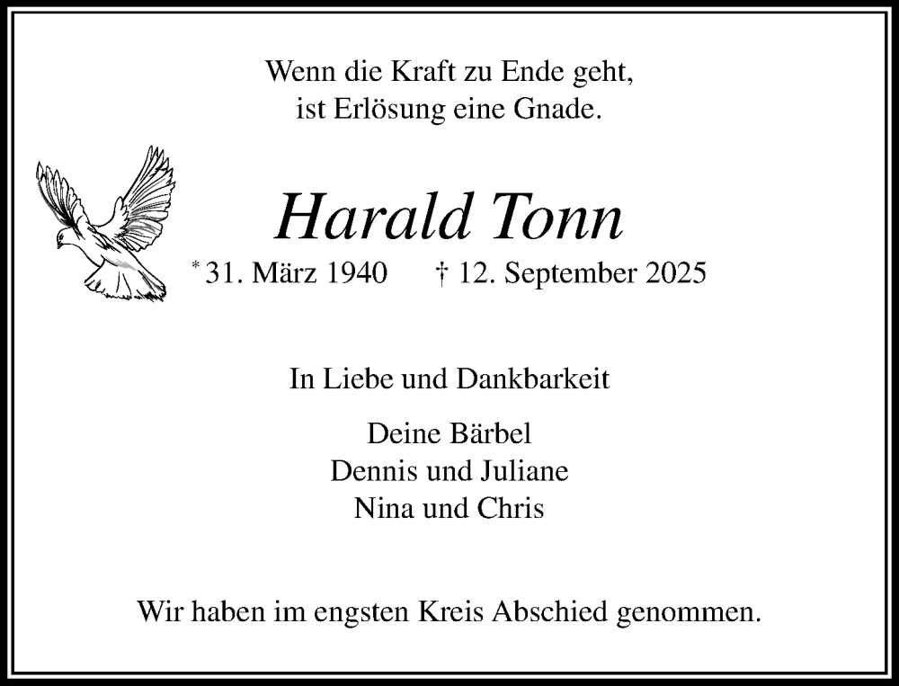  Traueranzeige für Harald Tonn vom 27.09.2025 aus MARKT Ahrensburg/Bargteheide/Trittau und Stormarner Tageblatt