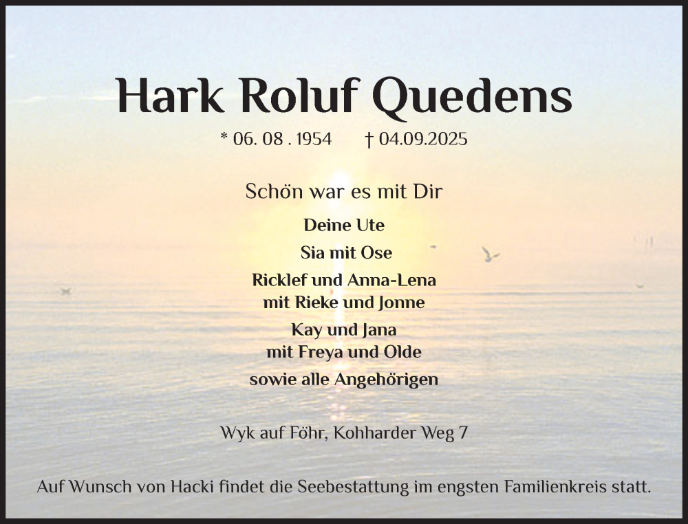  Traueranzeige für Hark Roluf Quedens vom 13.09.2025 aus Der Insel-Bote