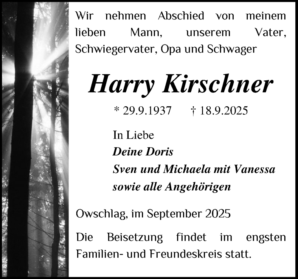  Traueranzeige für Harry Kirschner vom 27.09.2025 aus Schleswig-Holsteinische Landeszeitung