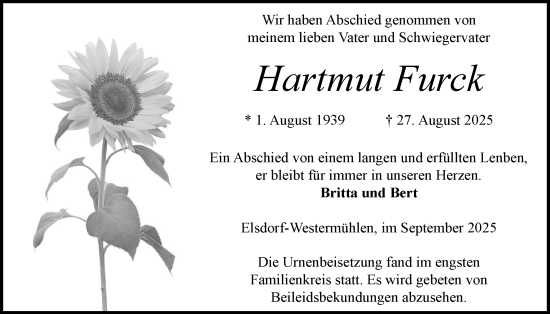 Traueranzeige von Hartmut Furck von Schleswig-Holsteinische Landeszeitung