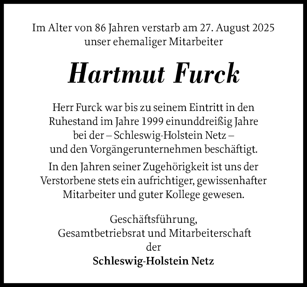 Traueranzeige für Hartmut Furck vom 20.09.2025 aus Schleswig-Holsteinische Landeszeitung