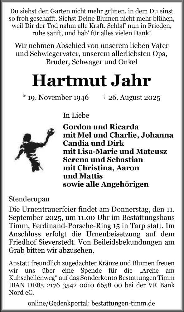  Traueranzeige für Hartmut Jahr vom 06.09.2025 aus Flensburger Tageblatt